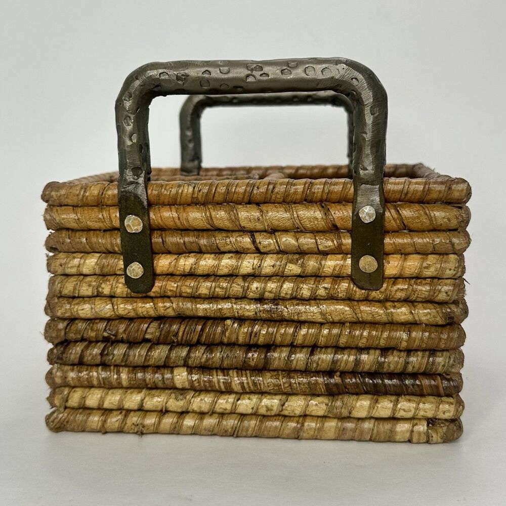 Vintage Woven Wicker Desk Organizer Basket w/ Hammered Metal Handles